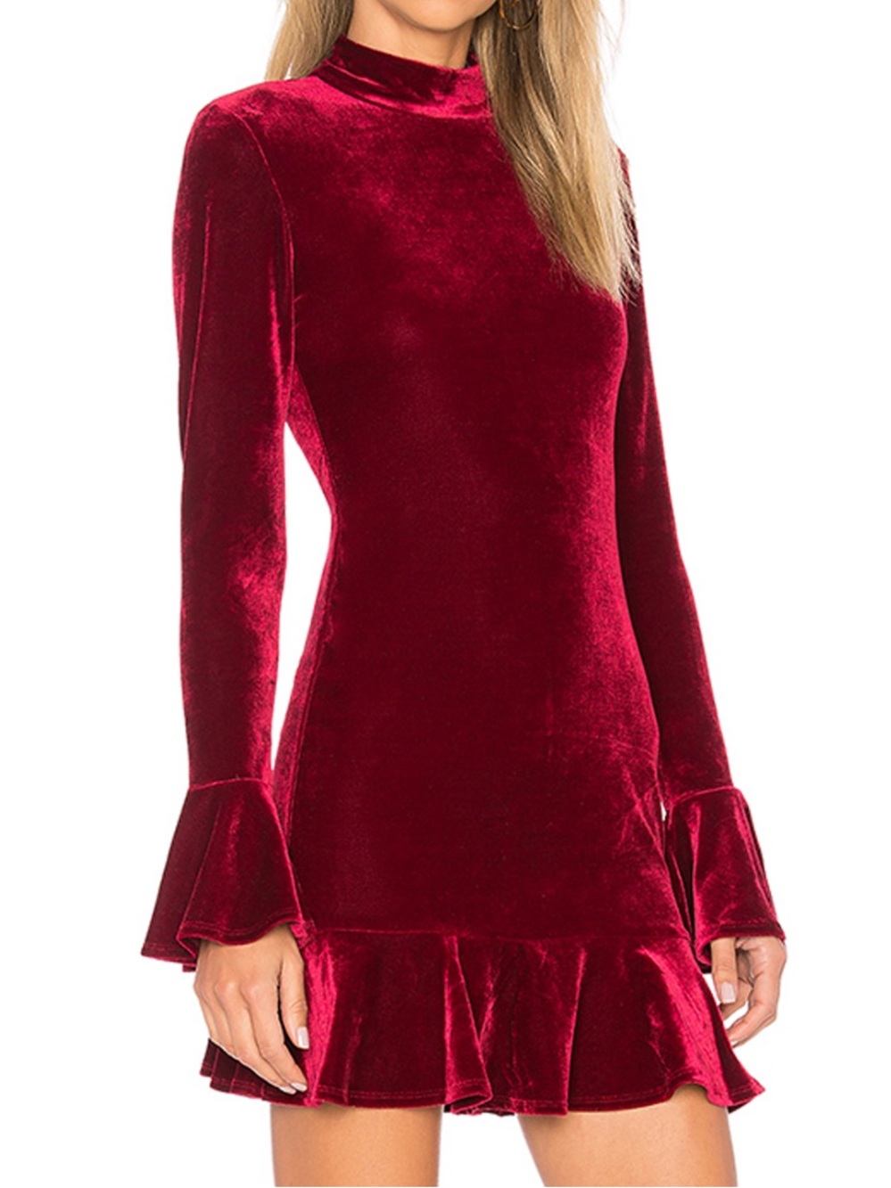 Lovers + friends Simone red maroon velvet long sleeve ruffle dress size S